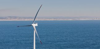 A floating wnd turbine off Aqucadoura, Portugal.
