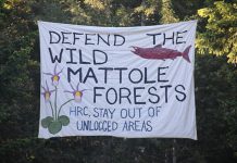 A banner protesting Humboldt Redwood Company (HRC) logging in the Mattole, April 29, 2014. Photo: QueRoule, Flickr CC.