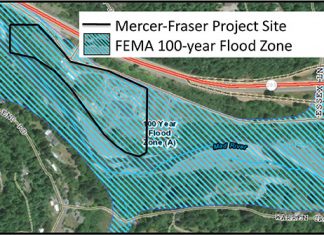 The site of Mercer-Fraser’s proposed cannabis extraction facility is in the Mad River floodplain along Highway 299 between Blue Lake and McKinleyville. Base map from Humboldt County Web GIS (http://webgis.co.humboldt.ca.us).