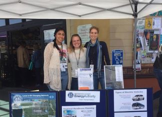 Gabriela Lara, Aisha Cissna,, and Heather Kenny are all smiles as they talk about electric vehicles at the 2018 Eureka Natural Foods Earth Day Celebration. Photo courtesy of Aisha Cissna.