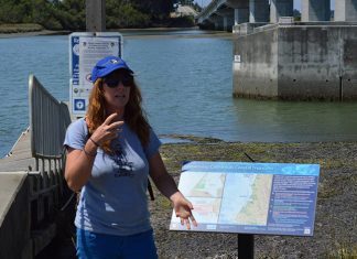Bay Tours Coordinator Jasmin Segura recently led a tour of the newest section of Eureka’s Waterfont Trail for English Express students and their families. This trail is part of the California Coastal Trail, which will eventually stretch the entire length of the state. Photo by Mary Ann Hytken, English Express.