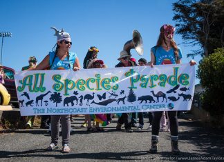 Casey Cruishchank and Megan Bunday carry the NEC banner in the All Species Parade. Photo: Adam Taylor.