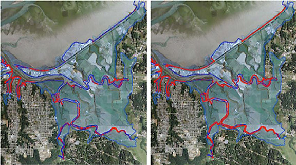 Red areas in graphic above show regions of diked shoreline that could be overtopped by two feet of sea level rise on left (11 miles total) and by three feet on the right (23 miles total). Graphic: Aldaron Laird.