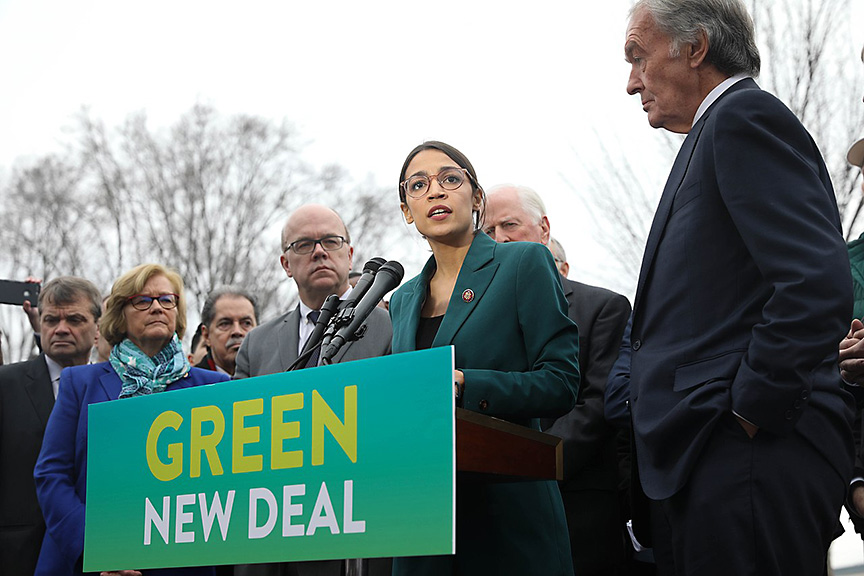 Freshman Congresswoman Alexandia Ocasio-Cortez (D-NY, 14th District) speaking about the Green New Deal alongside Senator Ed Markey (D-MA) and others in front of the Capitol Building on February 7, 2019. Photo: Wikimedia Commons.